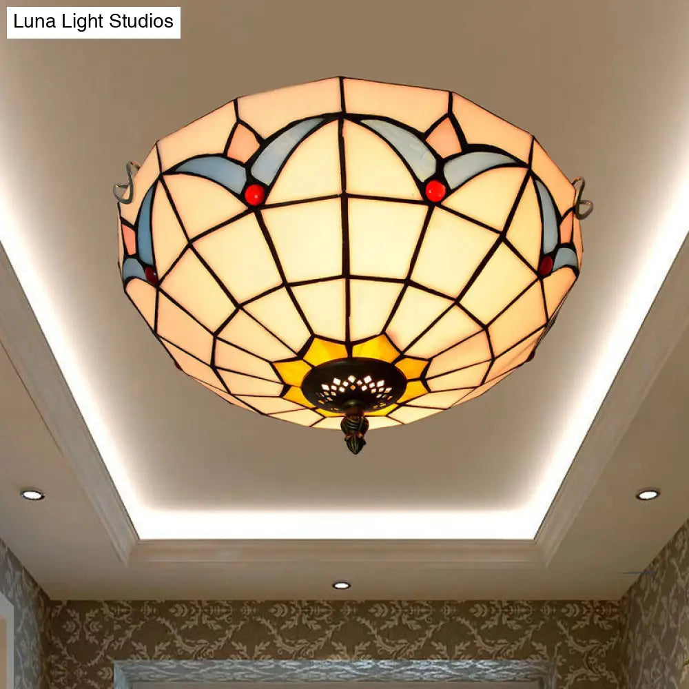 Stained Art Glass Flush Mount Ceiling Light With Traditional Bowl Shade White / 12