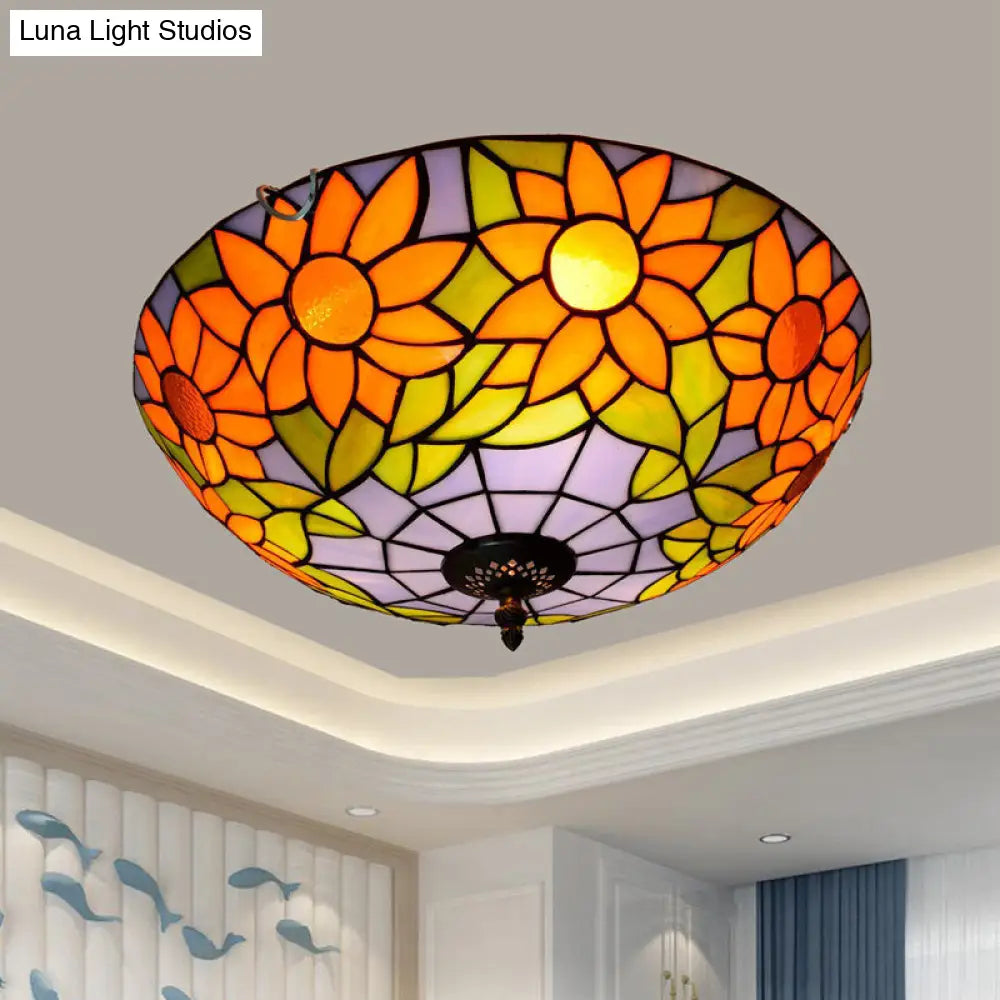 Stained Art Glass Flush Mount Ceiling Light With Traditional Bowl Shade Purple / 16