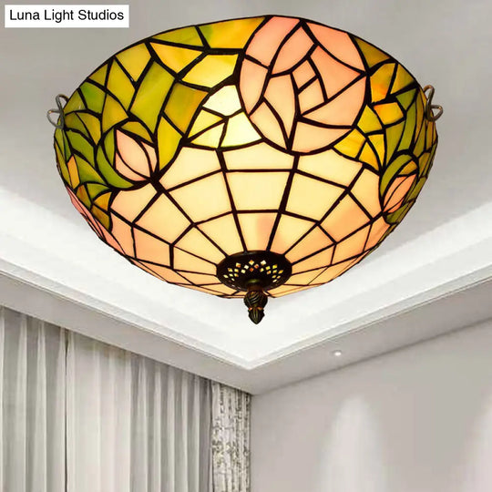 Stained Art Glass Flush Mount Ceiling Light With Traditional Bowl Shade Green / 12