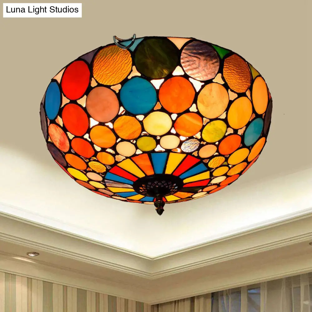 Stained Art Glass Flush Mount Ceiling Light With Traditional Bowl Shade Red / 16