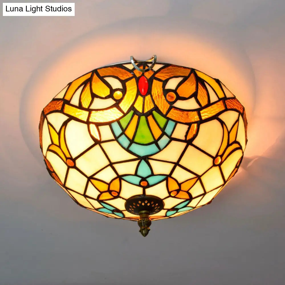 Stained Art Glass Flush Mount Ceiling Light With Traditional Bowl Shade Beige / 12