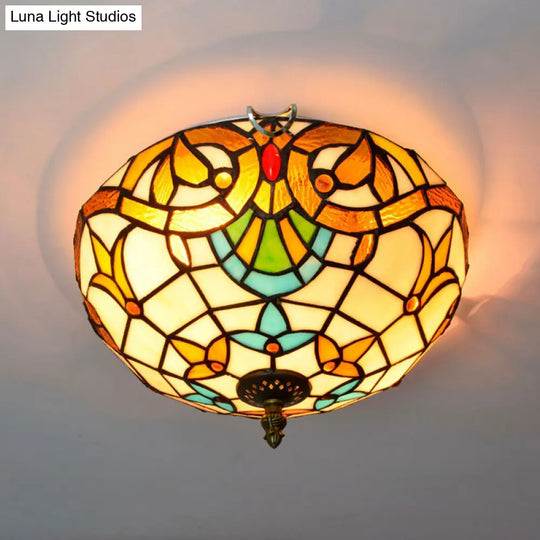 Stained Art Glass Flush Mount Ceiling Light With Traditional Bowl Shade Beige / 12