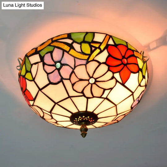 Stained Art Glass Flush Mount Ceiling Light With Traditional Bowl Shade Apricot / 12