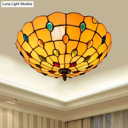 Stained Art Glass Flush Mount Ceiling Light With Traditional Bowl Shade Lemon Yellow / 16