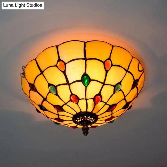 Stained Art Glass Flush Mount Ceiling Light With Traditional Bowl Shade Lemon Yellow / 12