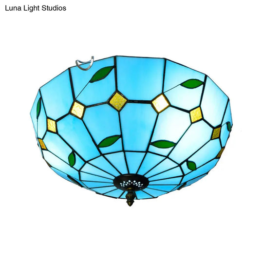 Stained Art Glass Flush Mount Ceiling Light With Traditional Bowl Shade