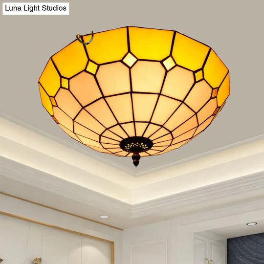 Stained Art Glass Flush Mount Ceiling Light With Traditional Bowl Shade Yellow / 16