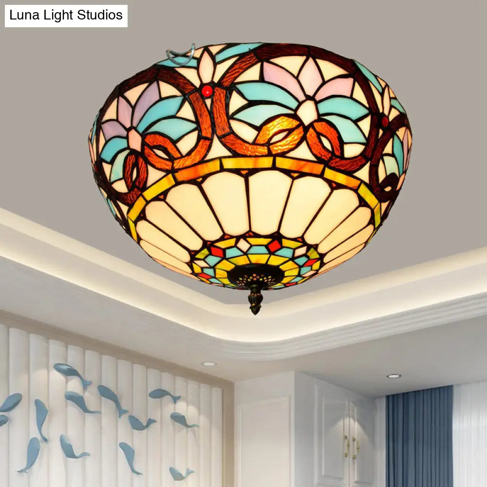 Stained Art Glass Flush Mount Ceiling Light With Traditional Bowl Shade Brown / 16