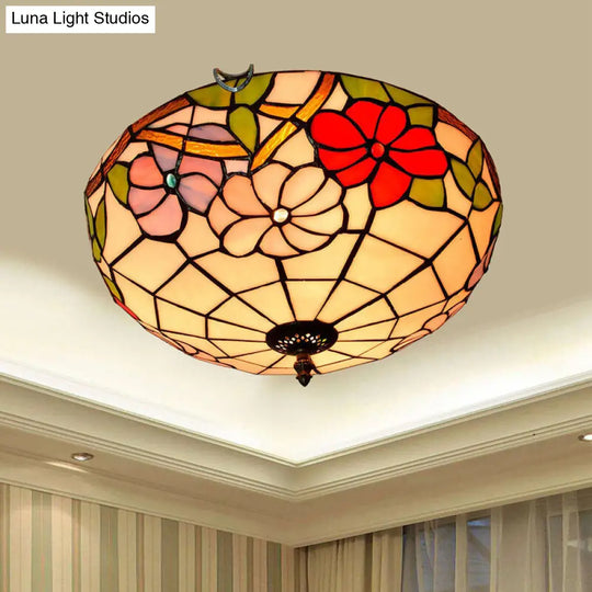 Stained Art Glass Flush Mount Ceiling Light With Traditional Bowl Shade Apricot / 16