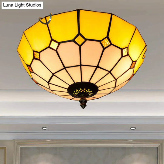 Stained Art Glass Flush Mount Ceiling Light With Traditional Bowl Shade Yellow / 12