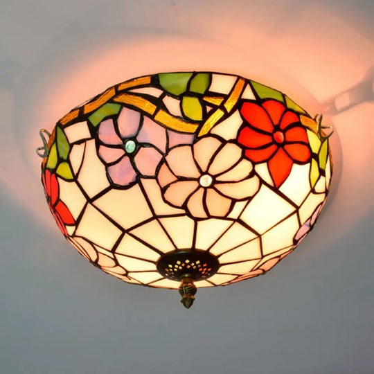 Stained Art Glass Flush Mount Ceiling Light With Traditional Bowl Shade Apricot / 12’