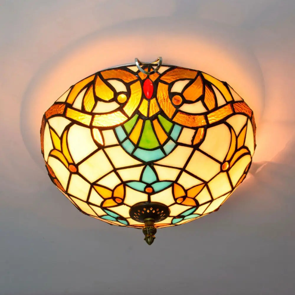 Stained Art Glass Flush Mount Ceiling Light With Traditional Bowl Shade Beige / 12’