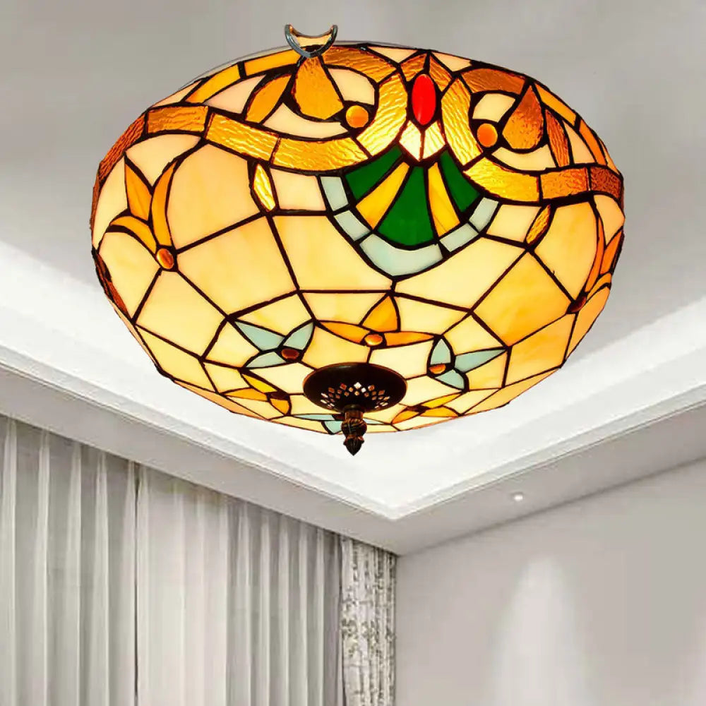 Stained Art Glass Flush Mount Ceiling Light With Traditional Bowl Shade Beige / 16’