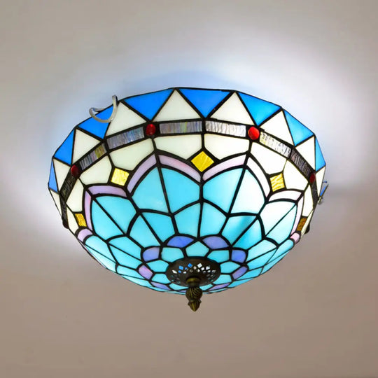 Stained Art Glass Flush Mount Ceiling Light With Traditional Bowl Shade Blue / 12’