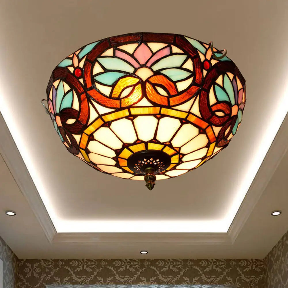 Stained Art Glass Flush Mount Ceiling Light With Traditional Bowl Shade Brown / 12’