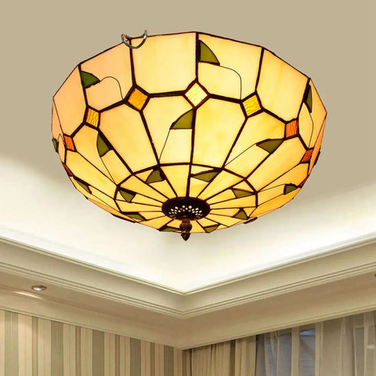 Stained Art Glass Flush Mount Ceiling Light With Traditional Bowl Shade Dark Beige / 16’