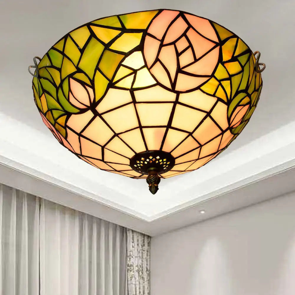 Stained Art Glass Flush Mount Ceiling Light With Traditional Bowl Shade Green / 12’