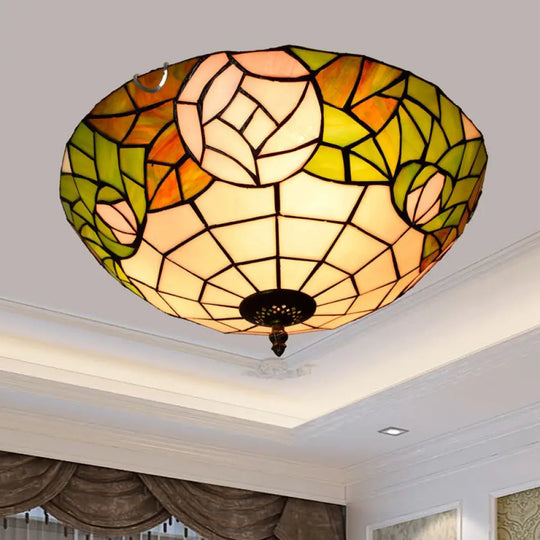 Stained Art Glass Flush Mount Ceiling Light With Traditional Bowl Shade Green / 16’