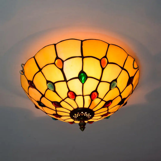 Stained Art Glass Flush Mount Ceiling Light With Traditional Bowl Shade Lemon Yellow / 12’