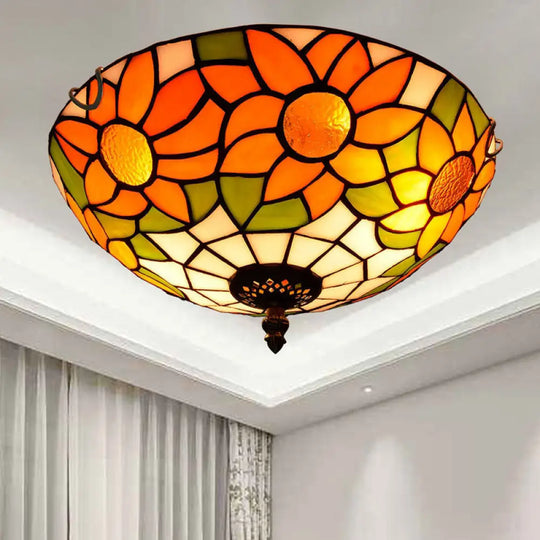 Stained Art Glass Flush Mount Ceiling Light With Traditional Bowl Shade Orange / 12’