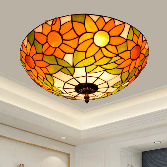 Stained Art Glass Flush Mount Ceiling Light With Traditional Bowl Shade Orange / 16’