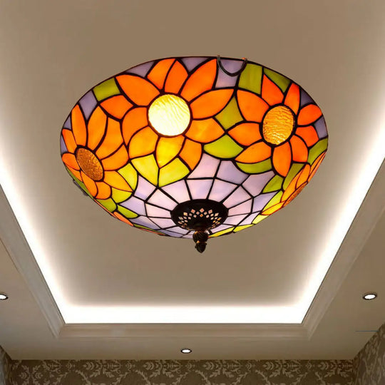 Stained Art Glass Flush Mount Ceiling Light With Traditional Bowl Shade Purple / 12’