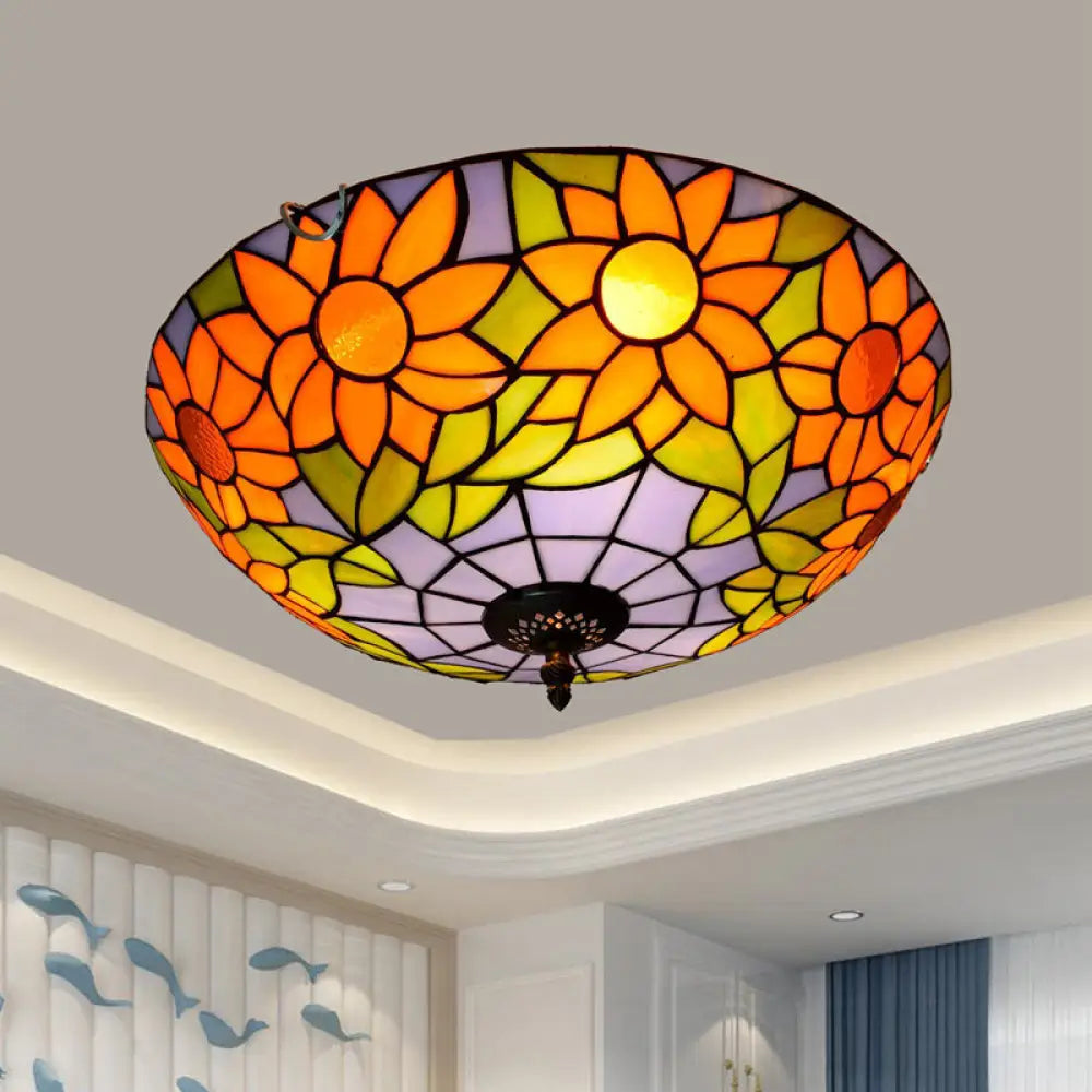 Stained Art Glass Flush Mount Ceiling Light With Traditional Bowl Shade Purple / 16’