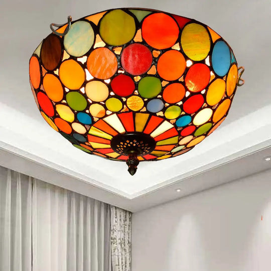 Stained Art Glass Flush Mount Ceiling Light With Traditional Bowl Shade Red / 12’