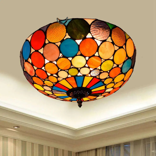 Stained Art Glass Flush Mount Ceiling Light With Traditional Bowl Shade Red / 16’