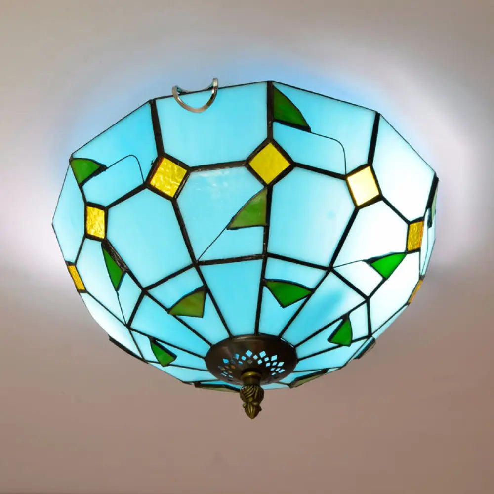 Stained Art Glass Flush Mount Ceiling Light With Traditional Bowl Shade Sky Blue / 12’