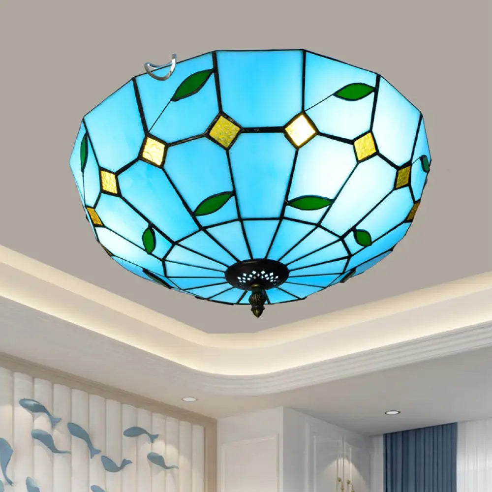 Stained Art Glass Flush Mount Ceiling Light With Traditional Bowl Shade Sky Blue / 16’