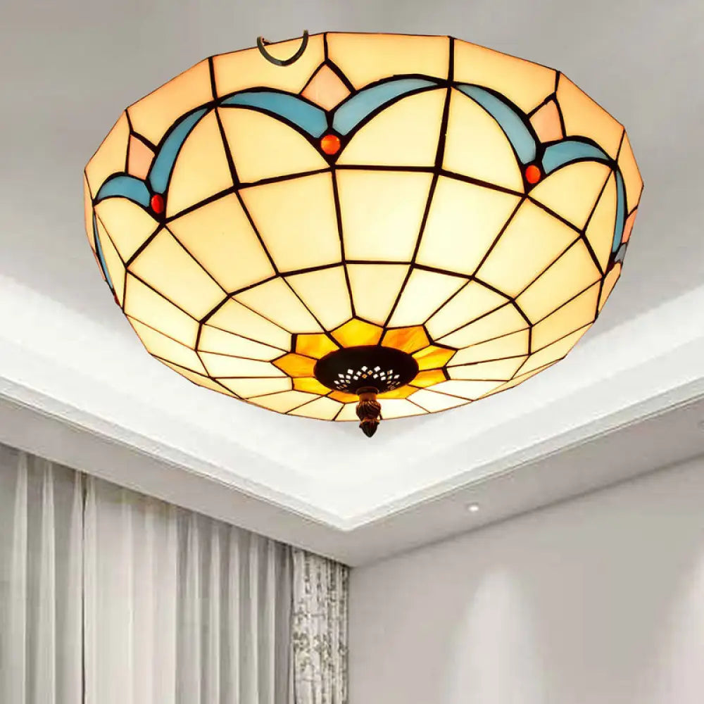 Stained Art Glass Flush Mount Ceiling Light With Traditional Bowl Shade White / 16’