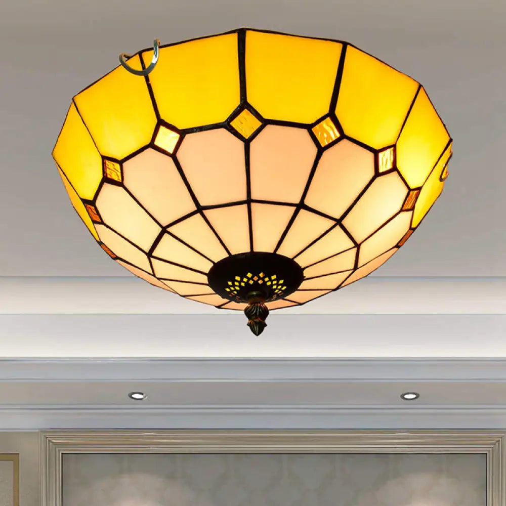 Stained Art Glass Flush Mount Ceiling Light With Traditional Bowl Shade Yellow / 12’