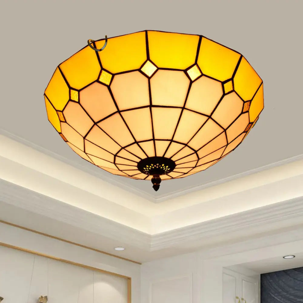 Stained Art Glass Flush Mount Ceiling Light With Traditional Bowl Shade Yellow / 16’