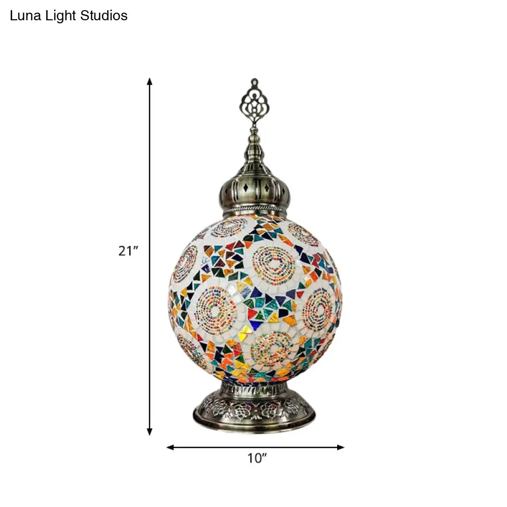 Stained Art Glass Table Lamp - Traditional Globe Style With White/Red/Yellow Colors For Bedroom