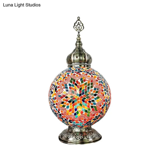 Stained Art Glass Table Lamp - Traditional Globe Style With White/Red/Yellow Colors For Bedroom