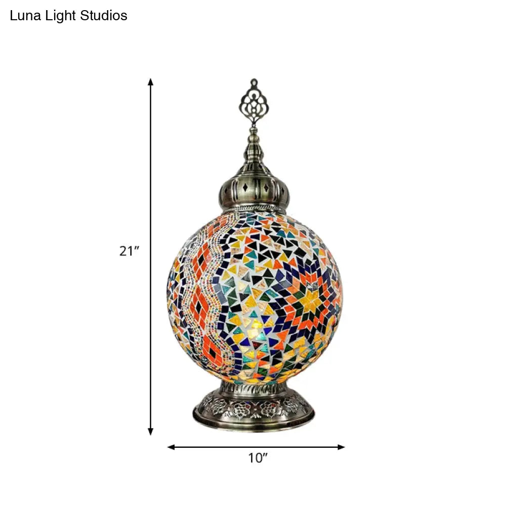 Stained Art Glass Table Lamp - Traditional Globe Style With White/Red/Yellow Colors For Bedroom