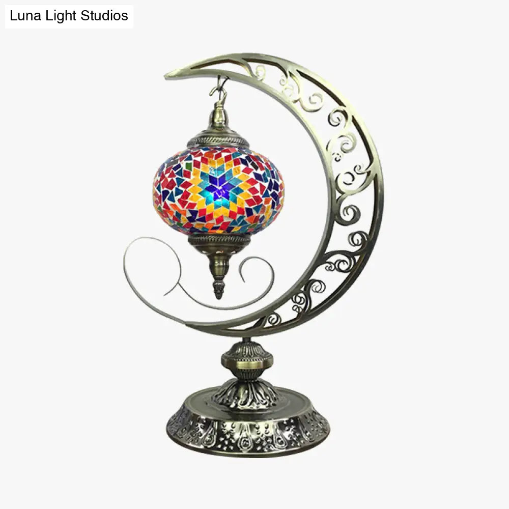 Stained Glass 1-Light Nightstand Lamp With Moon Design - Global Decor White/Red/Pink Desk Light