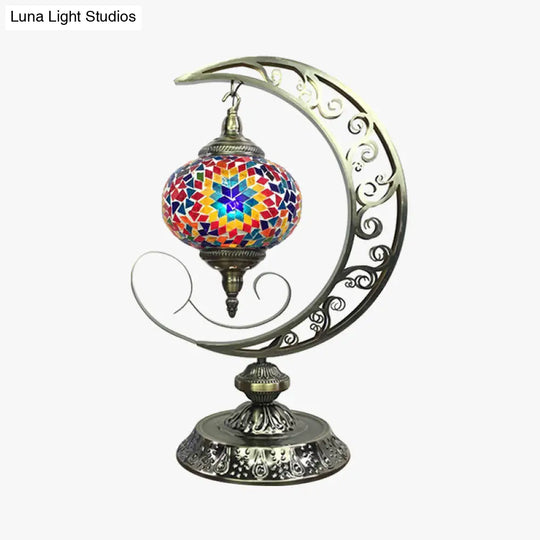 Stained Glass 1-Light Nightstand Lamp With Moon Design - Global Decor White/Red/Pink Desk Light