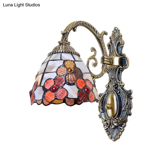 Stained Glass 1-Light Wall Sconce In Antique Brass With Bowl Shape And Flower Pattern