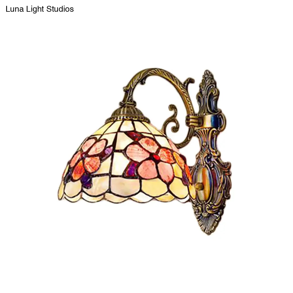 Stained Glass 1-Light Wall Sconce In Antique Brass With Bowl Shape And Flower Pattern