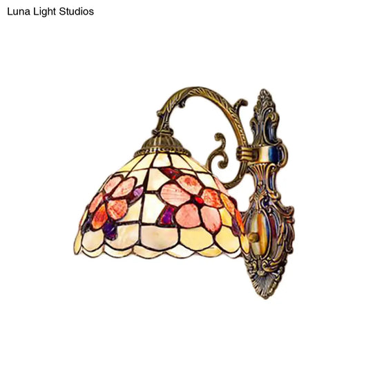 Stained Glass 1-Light Wall Sconce In Antique Brass With Bowl Shape And Flower Pattern