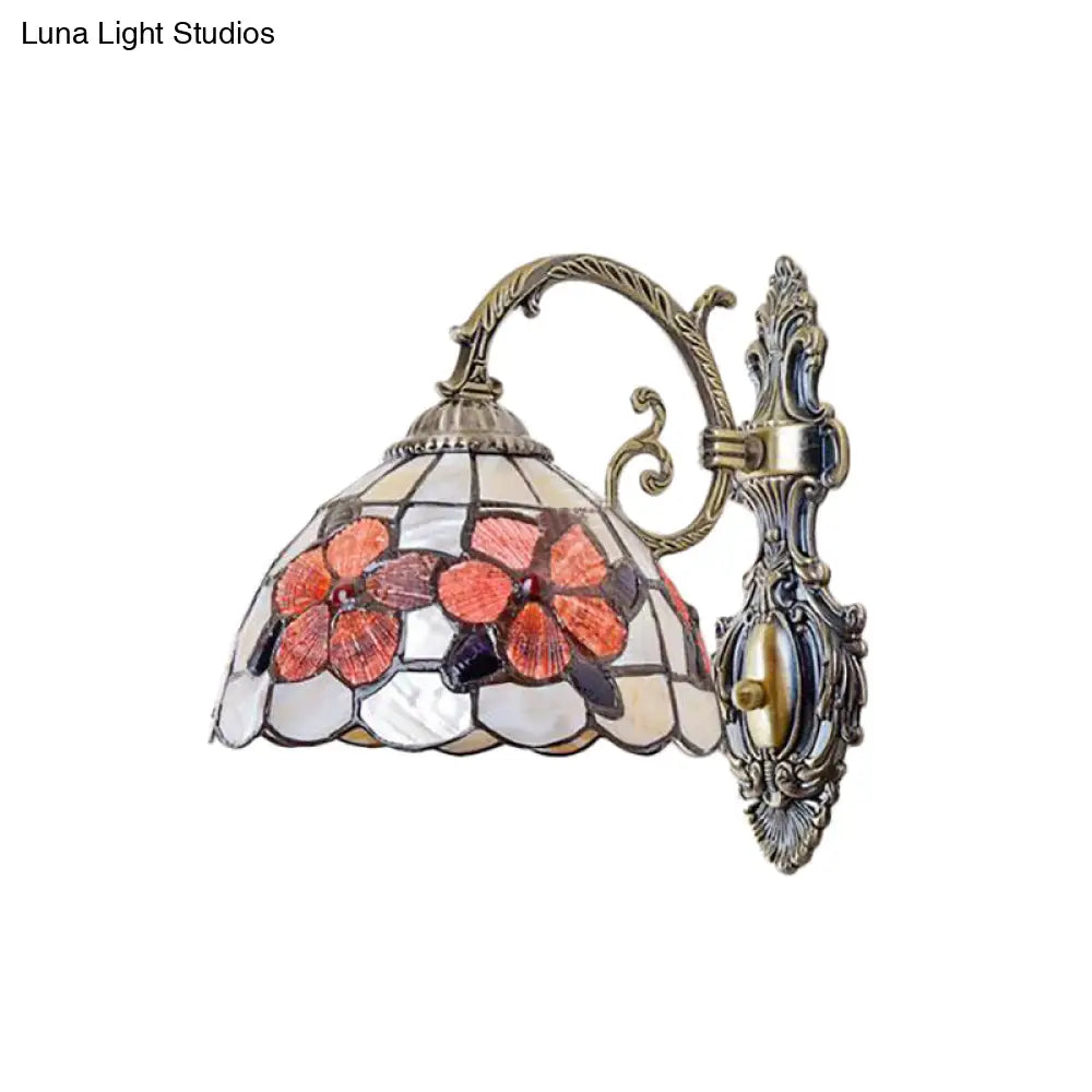 Stained Glass 1-Light Wall Sconce In Antique Brass With Bowl Shape And Flower Pattern