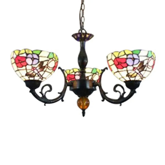 Stained Glass 3-Light Ceiling Pendant Chandelier - Retro Bowl Design With Dragonfly And Flower