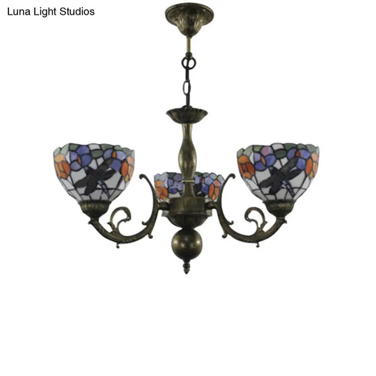 Stained Glass 3-Light Ceiling Pendant Chandelier - Retro Bowl Design With Dragonfly And Flower