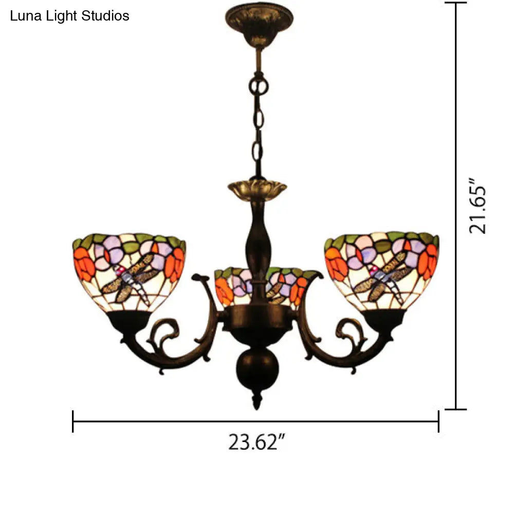 Stained Glass 3-Light Ceiling Pendant Chandelier - Retro Bowl Design With Dragonfly And Flower