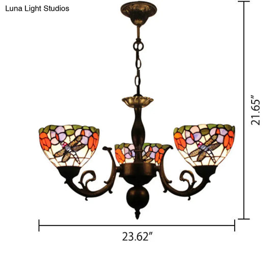 Stained Glass 3-Light Ceiling Pendant Chandelier - Retro Bowl Design With Dragonfly And Flower