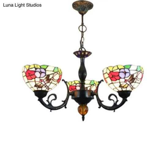 Retro Stained Glass Dragonfly Bowl Chandelier - 3-Light Pendant Lamp With Floral Pattern