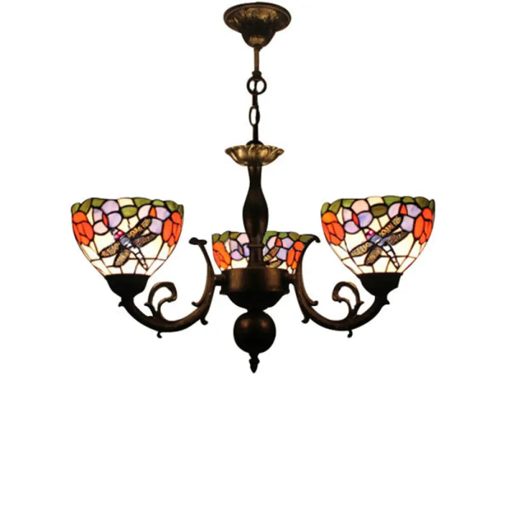 Stained Glass 3-Light Ceiling Pendant Chandelier - Retro Bowl Design With Dragonfly And Flower