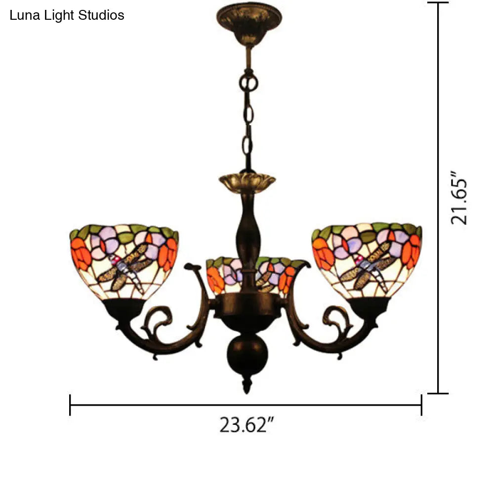 Retro Stained Glass Dragonfly Bowl Chandelier - 3-Light Pendant Lamp With Floral Pattern